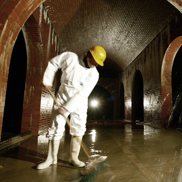 Browne Group - Worker in white protective gear and yellow helmet scrubbing a wet floor inside a brick-arched tunnel.