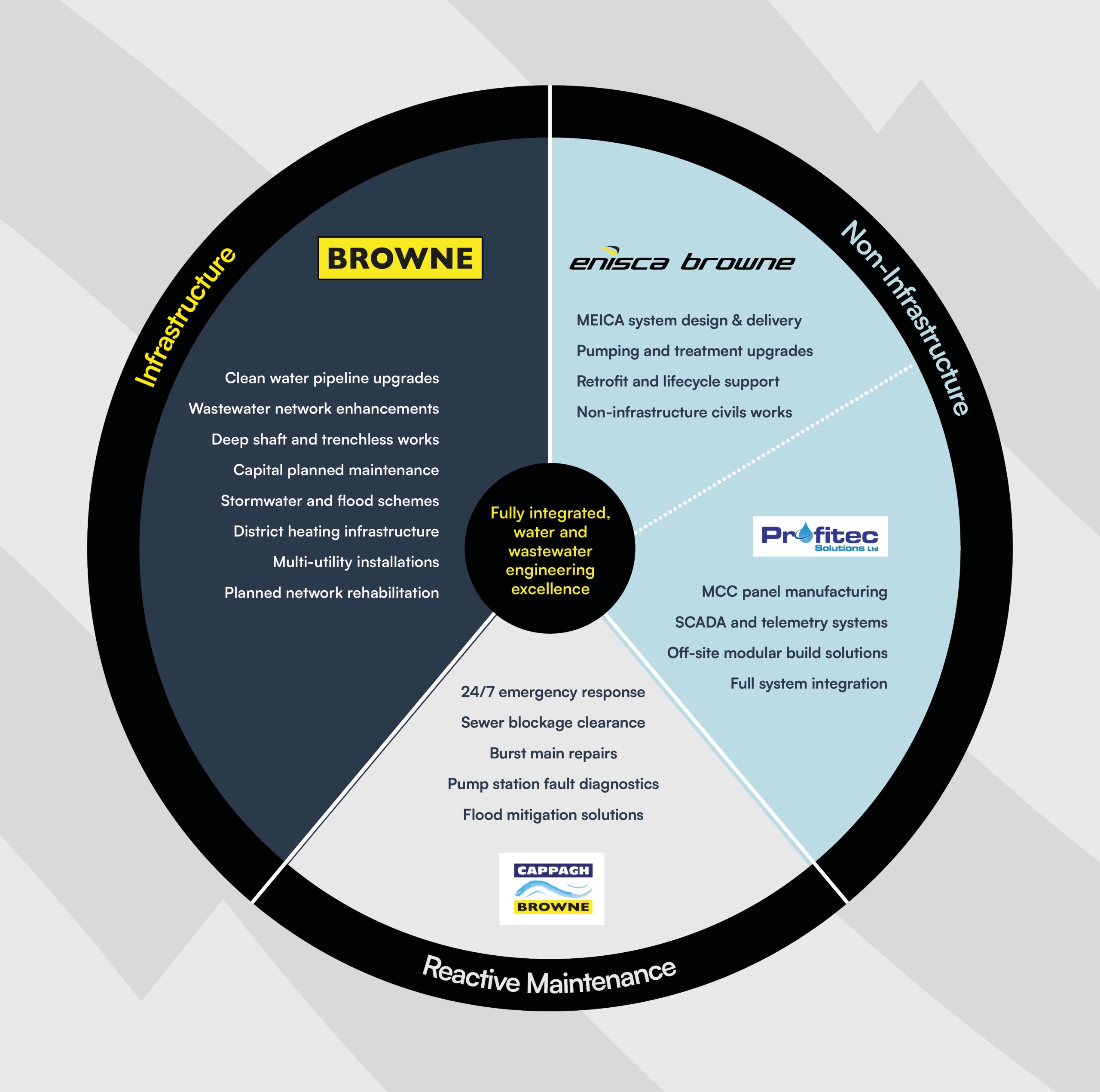 Browne Group - Circular infographic showing companies offering water and wastewater services for infrastructure and non-infrastructure.